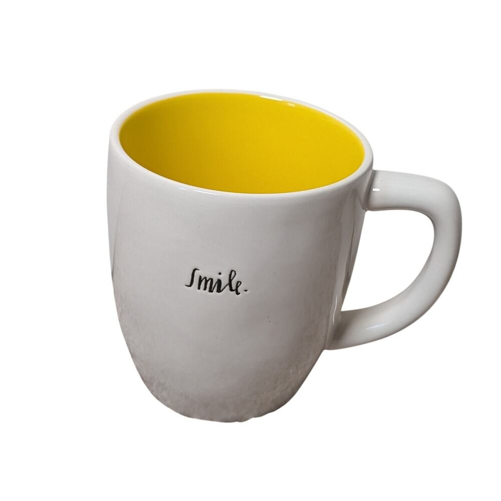 Rae Dunn "Smile" Coffee Mug Ceramic Yellow Interior Artisan Collection Magenta
